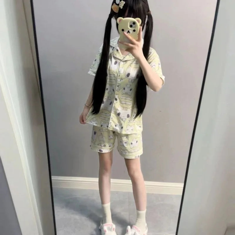 Women's Sleepwear Lounge Pajama Sets Summer Cartoon Print Cute Loose Pajamas Set Home Clothes Short Sleeves Top and Shorts Set