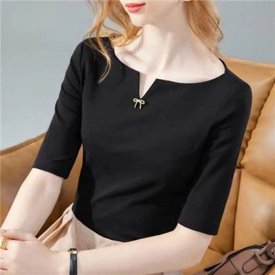 Women V-Neck Short Sleeve brooch decor Slim Red colour Blouse Tops