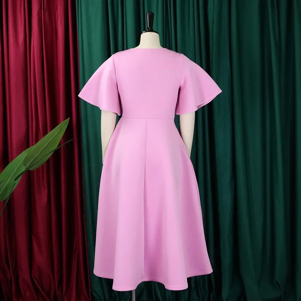 Elegant Party Dresses for Women V Neck Ruffles Sleeve High Waisted Pleated Mid Calf Luxury Birthday Dinner Vestidos Mujer Dress