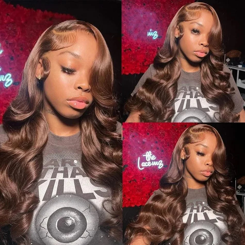 200 Density 13x4 HD Chocolate Brown Body Wave Lace Front Wig Human Hair Pre Plucked #4 Brown 13x6 Transparent Lace Frontal WigS