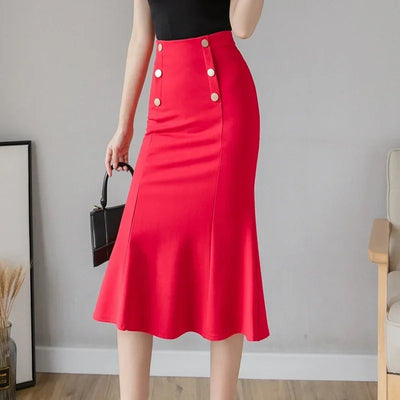 Oversized Winter Black Long Skirts 2024 Fashion Button High Waist Sexy Red Skirt Women Clothing Elegant Korean Office Midi Skirt