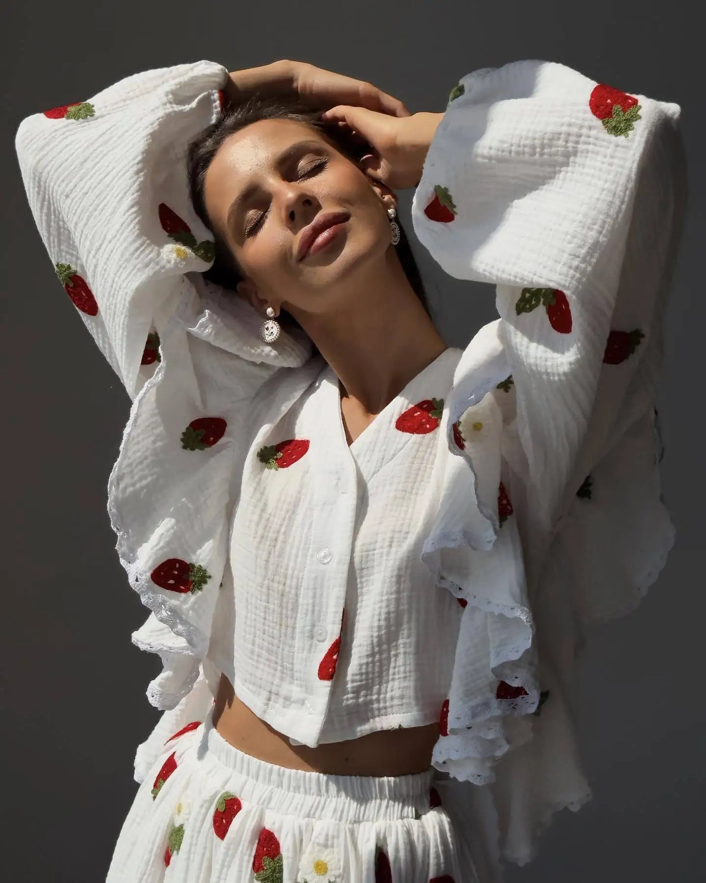 Women Cotton Linen Print Loose Suit Women Lantern Sleeve Ruffles V-neck Patchwork Single-Breasted Top High Waist Mini Skirt Suit