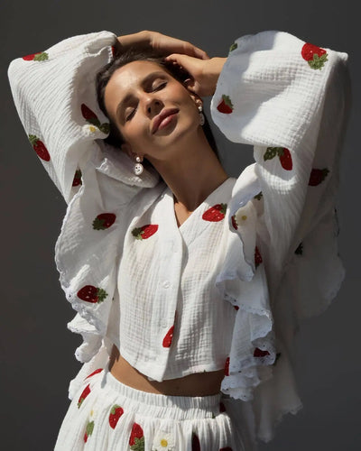 Women Cotton Linen Print Loose Suit Women Lantern Sleeve Ruffles V-neck Patchwork Single-Breasted Top High Waist Mini Skirt Suit