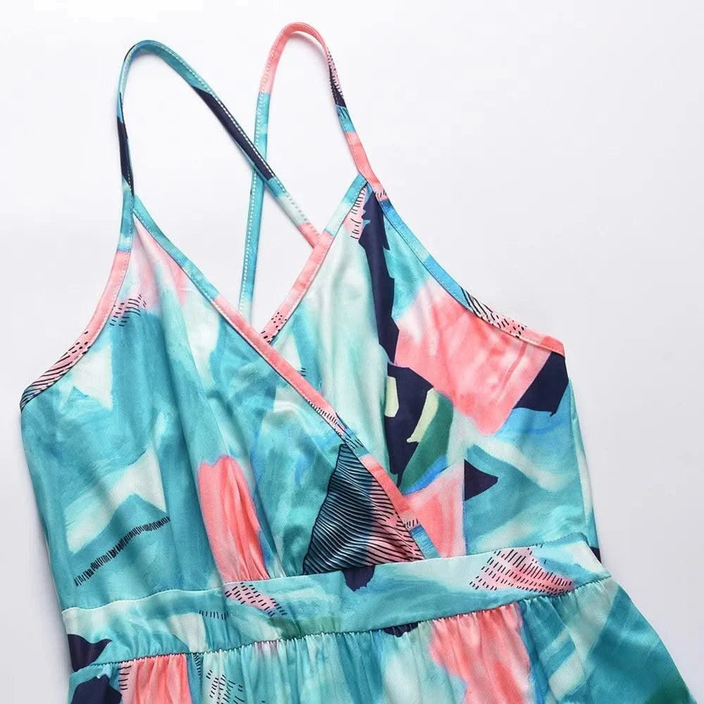 Floral Dress Women's Summer Dress Sexy Backless V-neck Suspender Long Dress