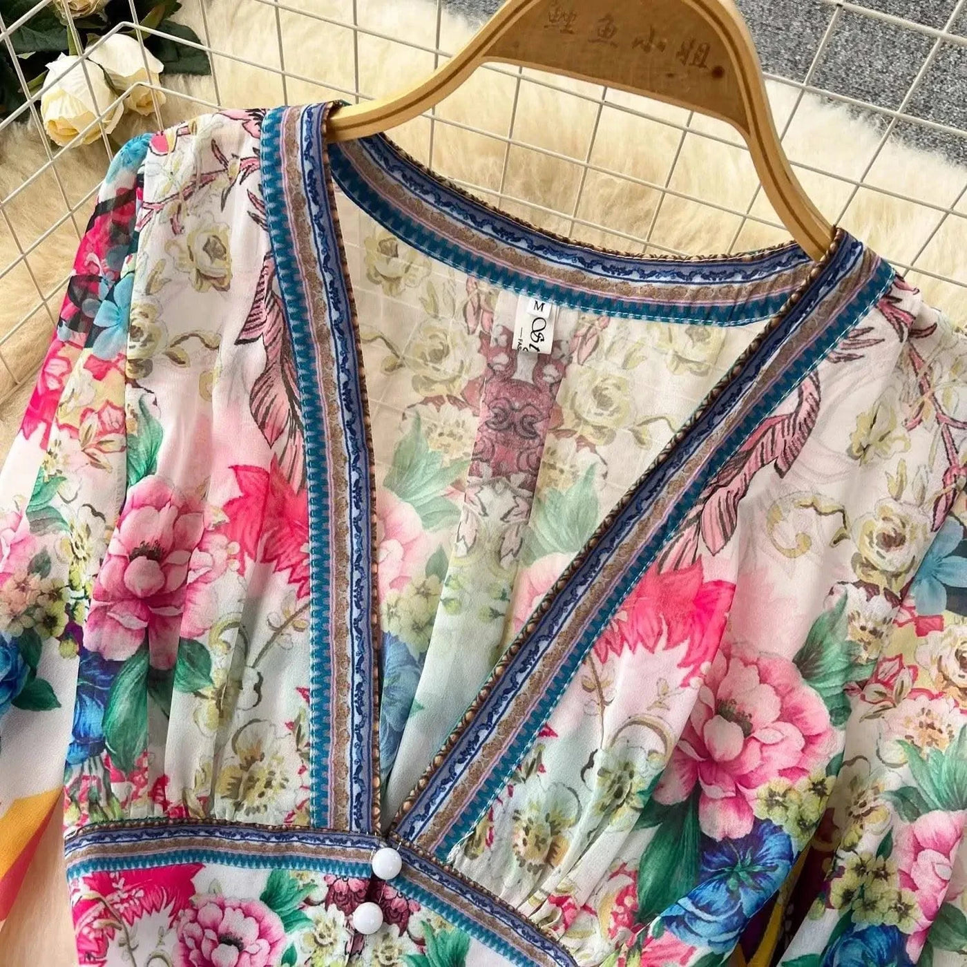 Summer Gorgeous Flower Dress Women Chiffon Clothing Sexy Deep V Neck Single Breasted Floral Print Beach Boho Long Robe Vestidos