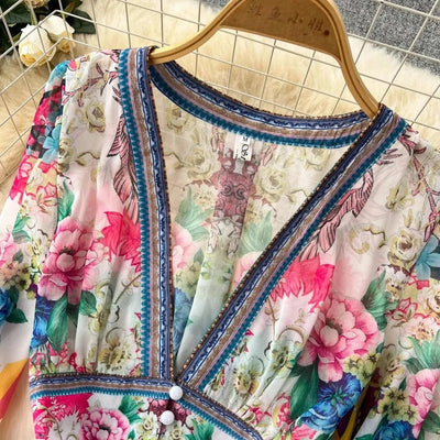 Summer Gorgeous Flower Dress Women Chiffon Clothing Sexy Deep V Neck Single Breasted Floral Print Beach Boho Long Robe Vestidos