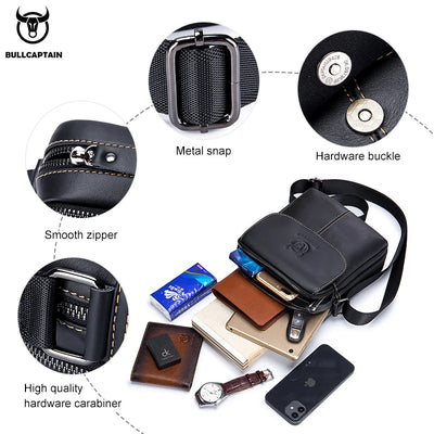 BULLCAPTAIN-Men's Leather Shoulder Bag Brand Casual Men's Bags Small Mini Multifunctional Crossbody Bag's D07