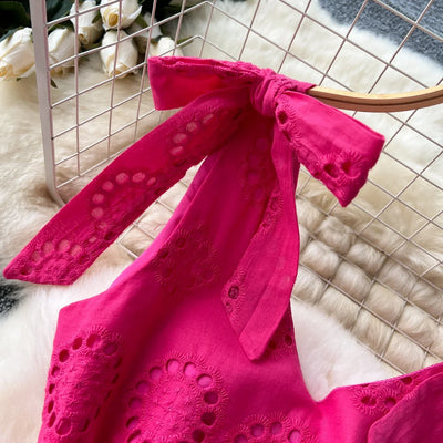 French Vintage Hollow Out Embroidery Butterfly Bow Bandage Slip Dress A-line Chic Casual Beach Vacation Women Summer Dresses