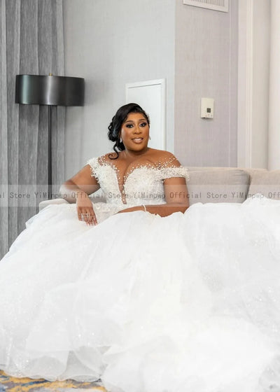 Wedding Dresses for Bride Sheer Neck Lace up Back Sequins Pearls PLUS SIZE ONLY