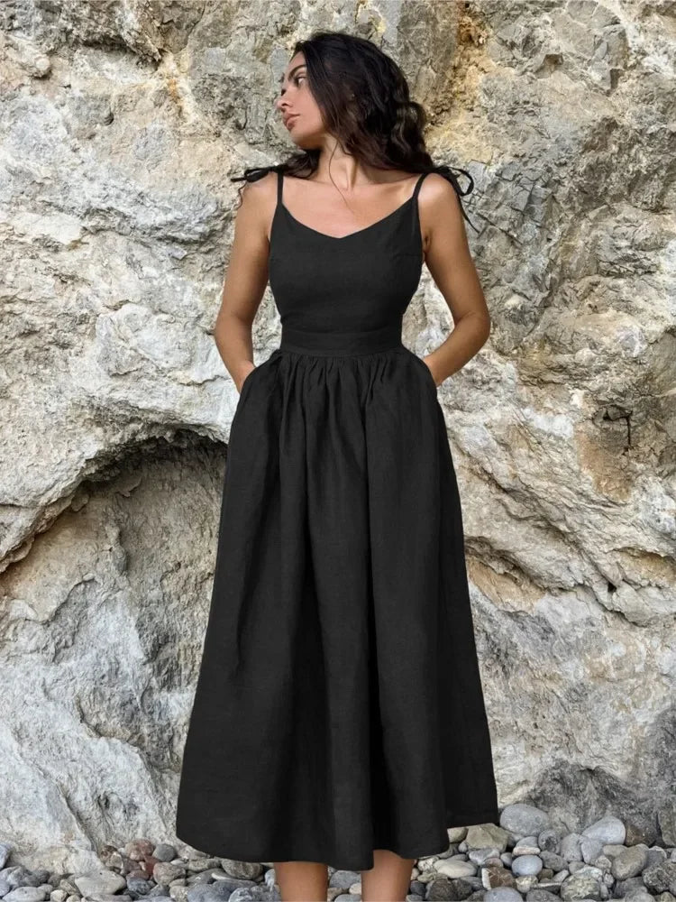 Cotton Linen Solid Color Spaghetti Strap Dresses Women Fashion Leace-up V-neck Backless Beach Vacation Long Dress Female New
