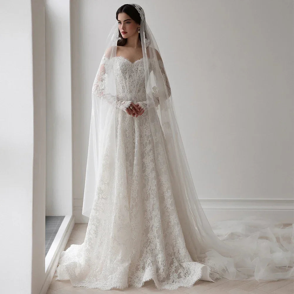 Saudi Arabia Wedding Dress Customized Sweetheart Full Sleeves Pearls Lace Bridal Gown Sweep Train Arabian Bride Dresses