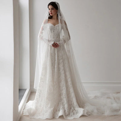 Saudi Arabia Wedding Dress Customized Sweetheart Full Sleeves Pearls Lace Bridal Gown Sweep Train Arabian Bride Dresses
