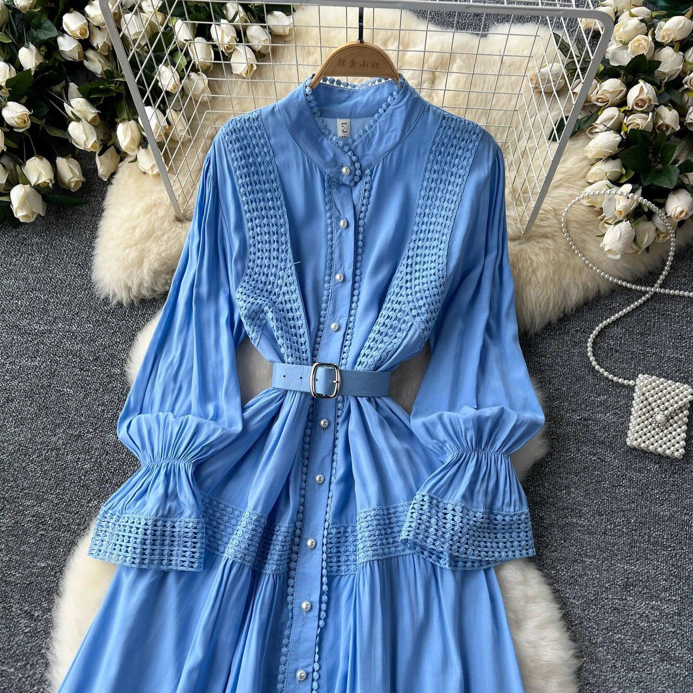 Retro Elegant Summer Stand Collar Flare Sleeve Single Breasted Lace Spliced Dress A-line French Evening Party Women Dresses