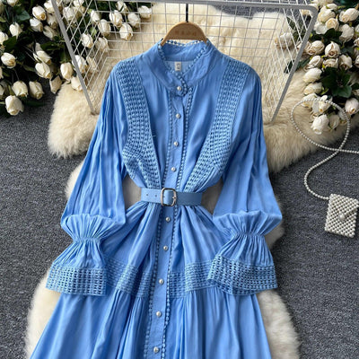 Retro Elegant Summer Stand Collar Flare Sleeve Single Breasted Lace Spliced Dress A-line French Evening Party Women Dresses