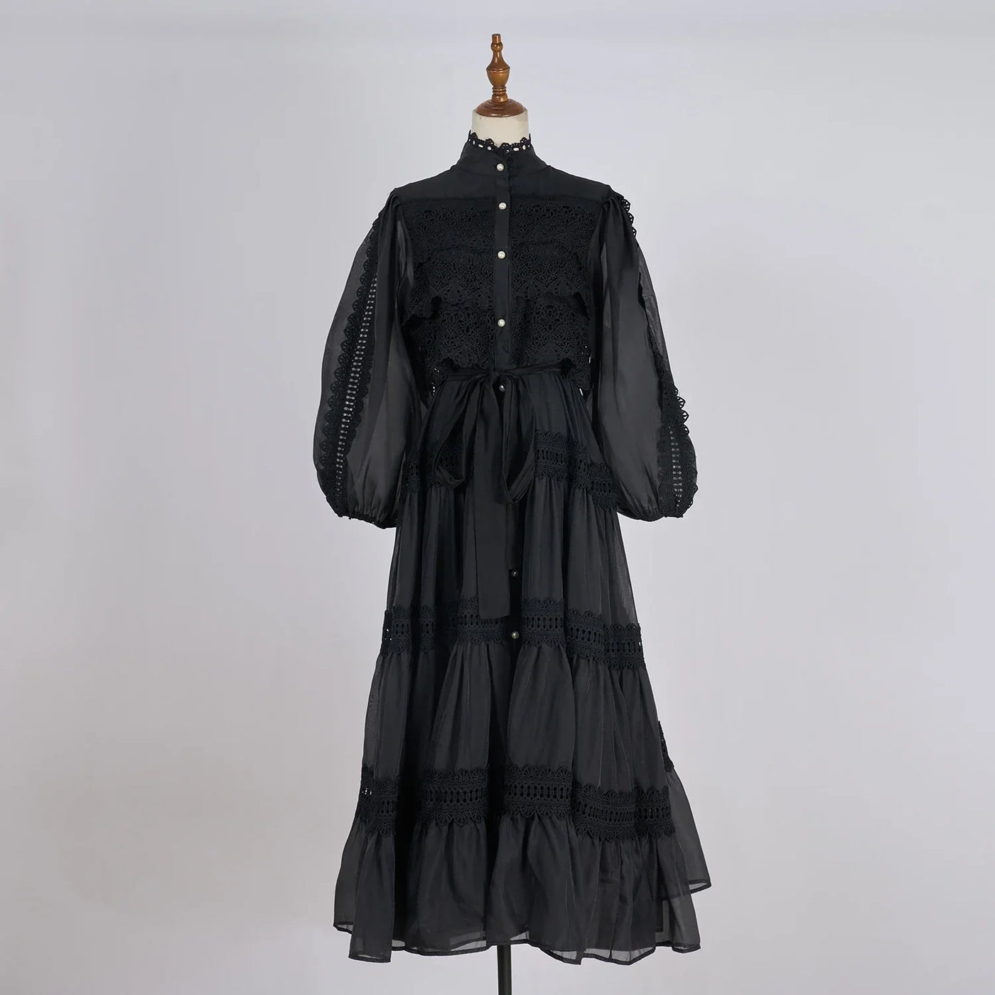 Luxury Long Dresses Women 2025 Spring Summer Embroidery Ruffle Lace Pearl Hollow Out Party Midi Dress Shirt Full Sleeve Vestidos
