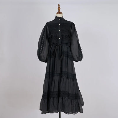 Luxury Long Dresses Women 2025 Spring Summer Embroidery Ruffle Lace Pearl Hollow Out Party Midi Dress Shirt Full Sleeve Vestidos