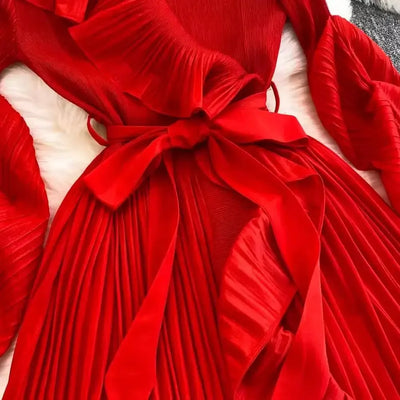 Women's V Neck Ruffles Splice Lantern Sleeve High Stretch Oversized Dresses Miyake Maxi Pleated 2025 Spring Long Party Clothing