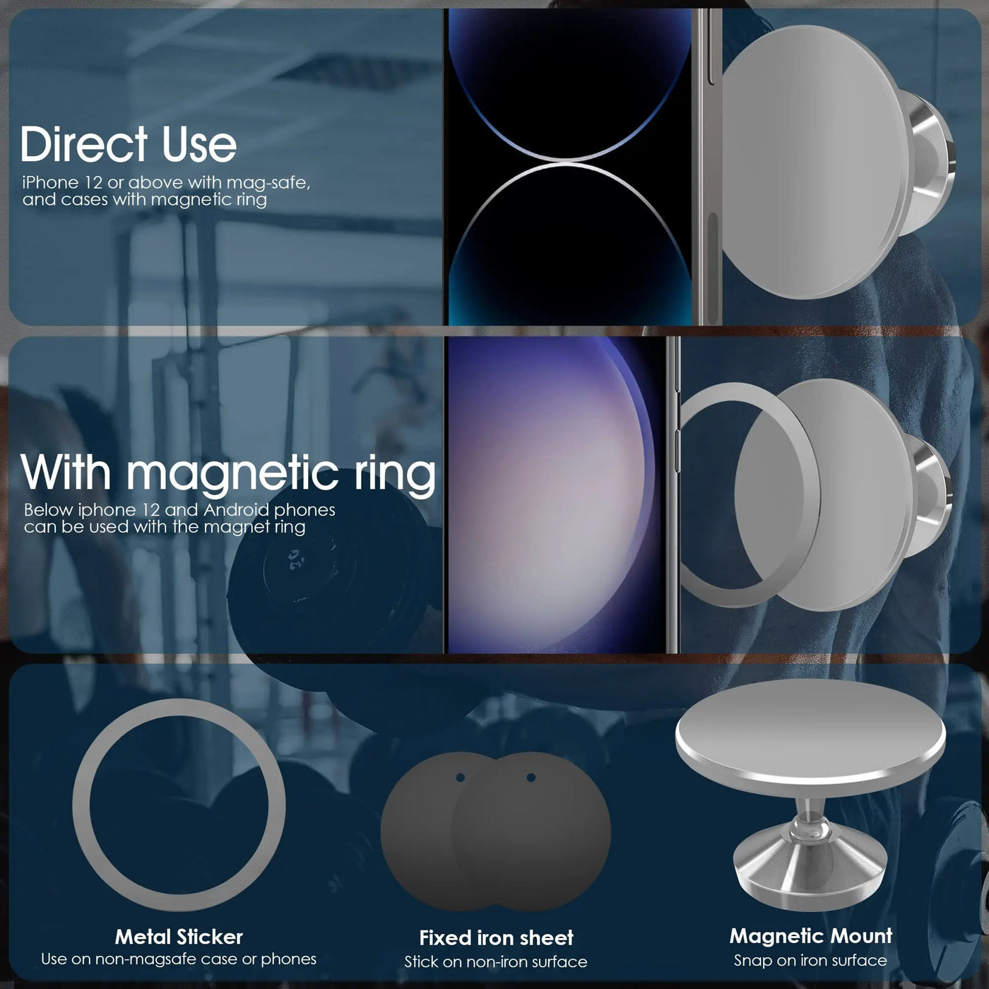 Gym Mate Magnetic Phone Mount &Double-sided Magnetic Suction Phone Holder for MagSafe. Shoot Hands-Free Videos While Working Out