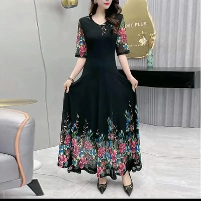 Women's Clothing Stylish Floral Printed Long Dress Summer Short Sleeve Casual Gauze Spliced Elegant V-Neck A-Line Waist Dresses