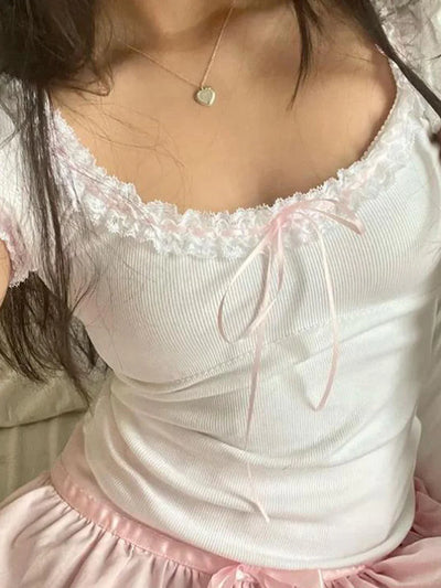 Lace Trim T-Shirts For Women Short Sleeve Crop Tops with Bow Sweet Kawaii Y2k Clothes Streetwear