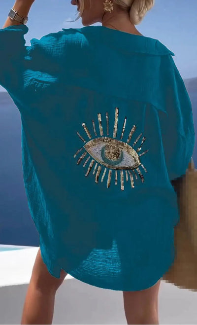 Women's Clothing 2024 Spring Summer New Fashion Eye Print Lapel Long Sleeved Cotton Linen Casual Fashion Button Up Shirt