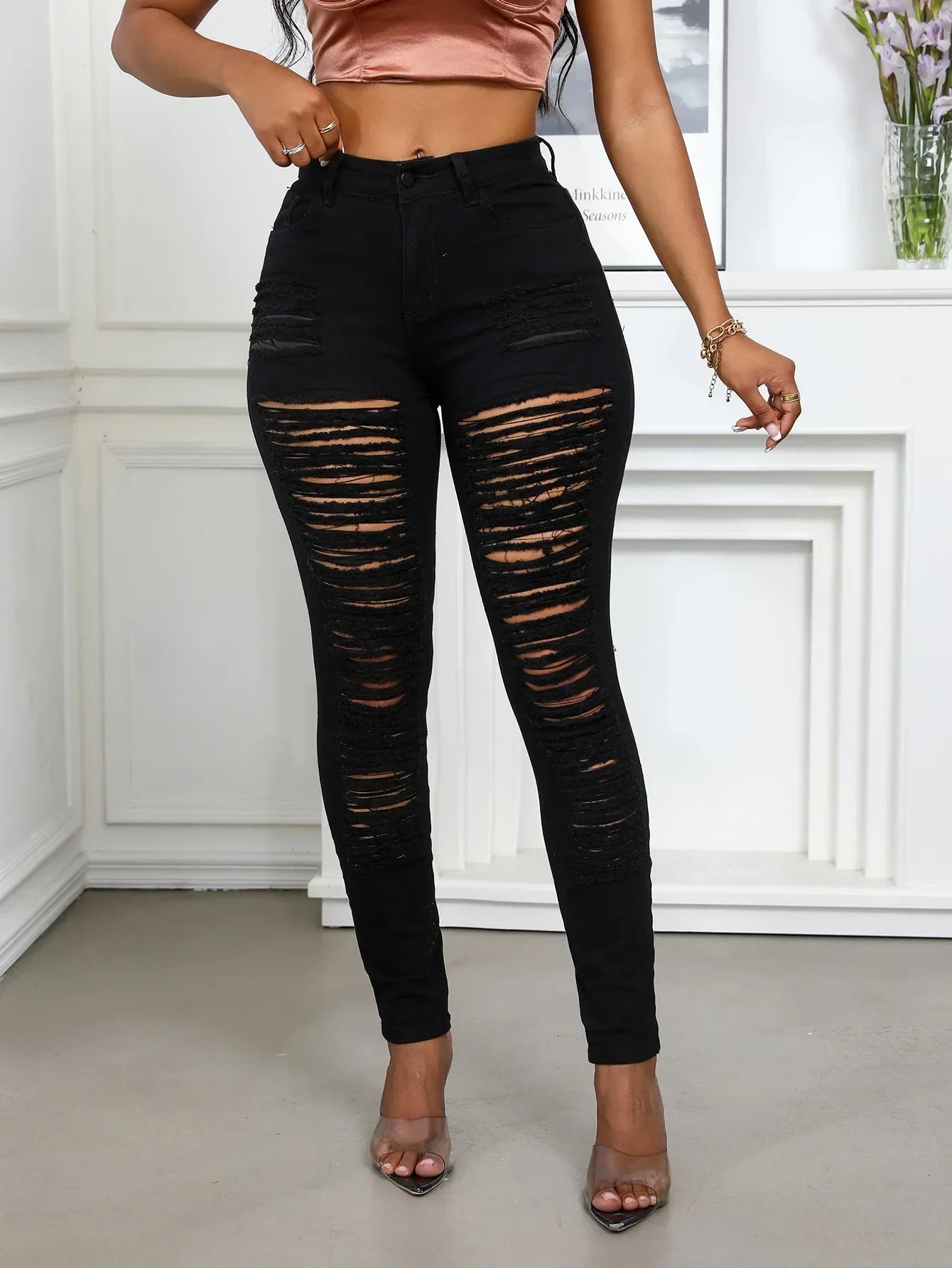 Women's Spring and Fall Fashion Elastic Ripped Jeans Women Casual Close-fitting High-waisted Denim Small Leg Pants Pencil Pants