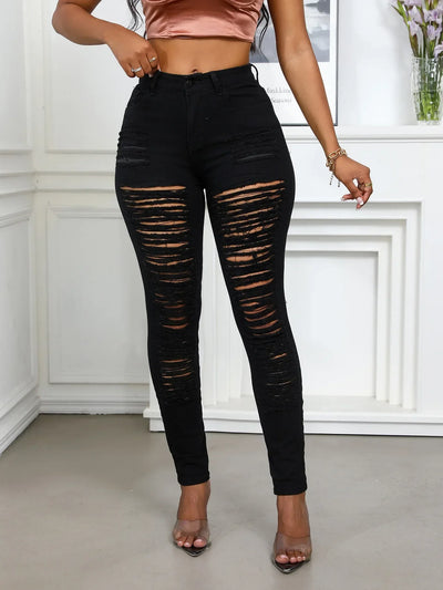 Women's Spring and Fall Fashion Elastic Ripped Jeans Women Casual Close-fitting High-waisted Denim Small Leg Pants Pencil Pants