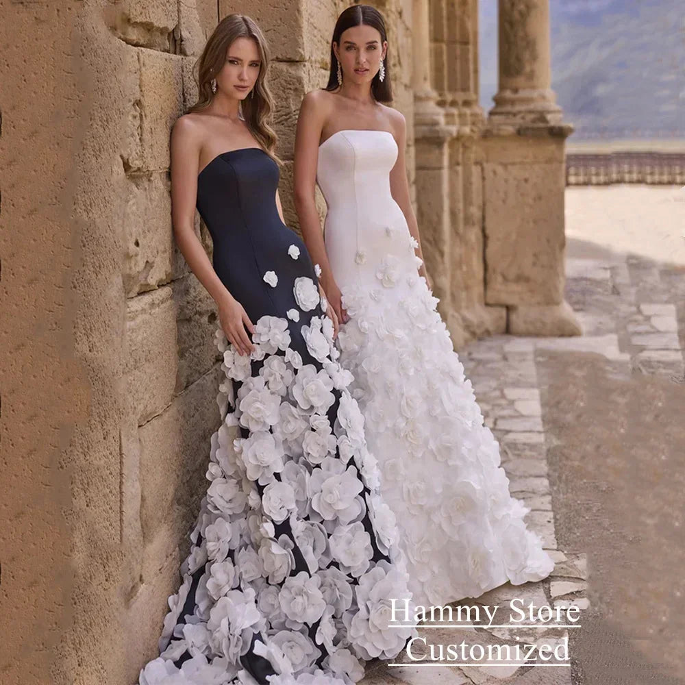 Saudi Arabic Wedding Dress with Flowers Customized Strapless Sleeveless Sweep Train Arabian Bridal Gown Back Zipper Buttons