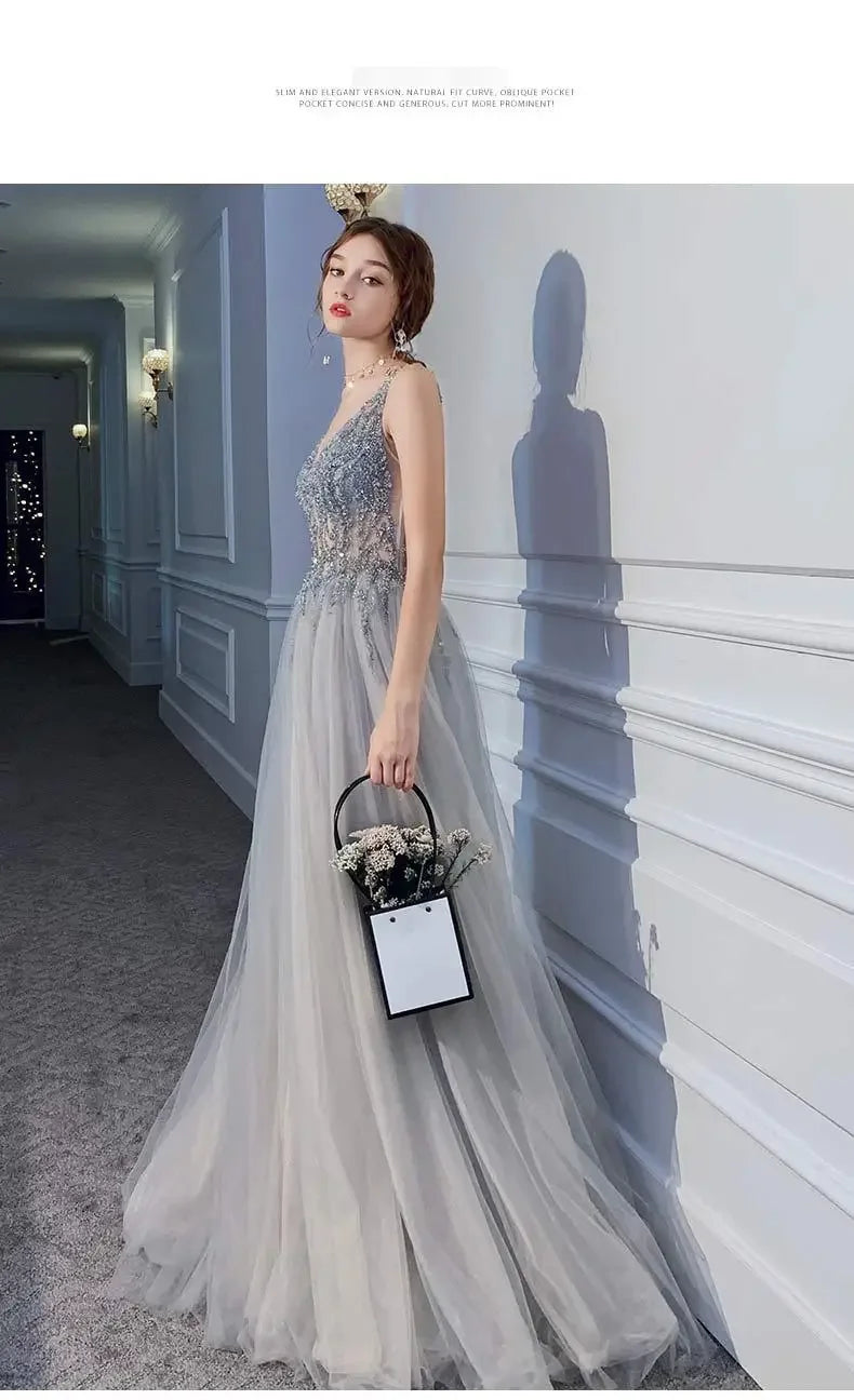 Women's Evening Dresses Sexy V-neck Luxury Formal Party Gown Backless Beads Sequins Tulle Side Split Banquet Evening Dress