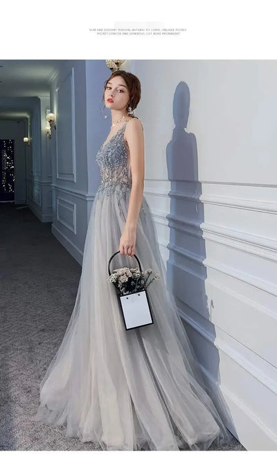 Women's Evening Dresses Sexy V-neck Luxury Formal Party Gown Backless Beads Sequins Tulle Side Split Banquet Evening Dress