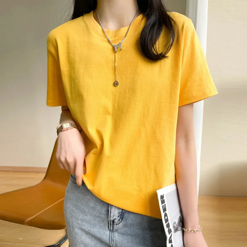 Women T-shirts 2025 Tops Solid Short Sleeve Loose O-neck  Cotton Casual Ladies Shirts Harajuku Korean Summer Woman Tshirts