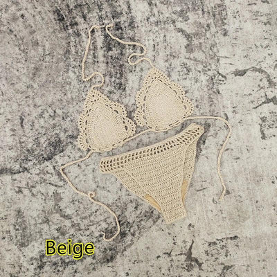 3 Piece Hand Crochet Beach Bikini Set Women Swimwear Cover UP Mini Skirt Swimsuit Suit