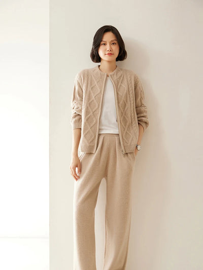 ADDONEE Women 100% Cashmere Pants Pleated Waist Wide Leg Pants Casual Simple Style Autumn Winter Cashmere Knit Trousers Luxury