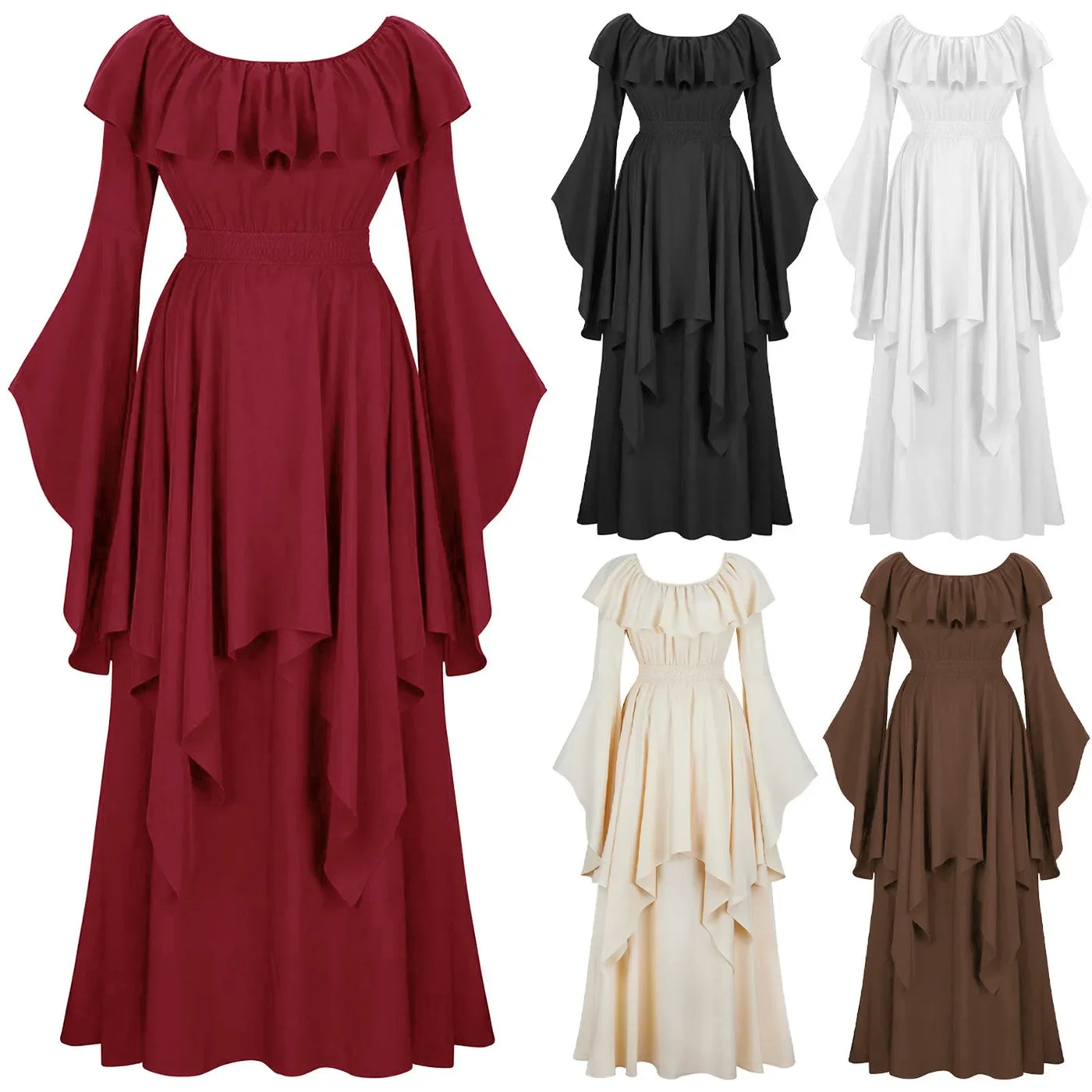 Renaissance Dress For Women Long Sleeves Medieval Off Shoulder Elastic High Waist Smocked Dress Elegant Evening Gown Plus Size