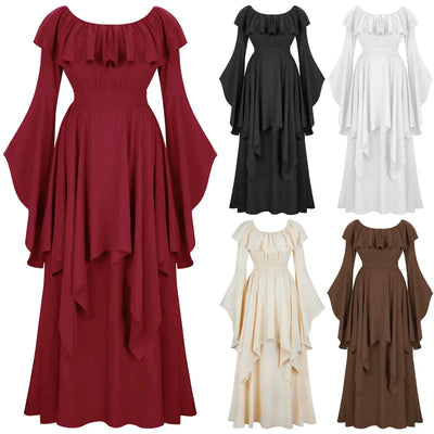 Renaissance Dress For Women Long Sleeves Medieval Off Shoulder Elastic High Waist Smocked Dress Elegant Evening Gown Plus Size