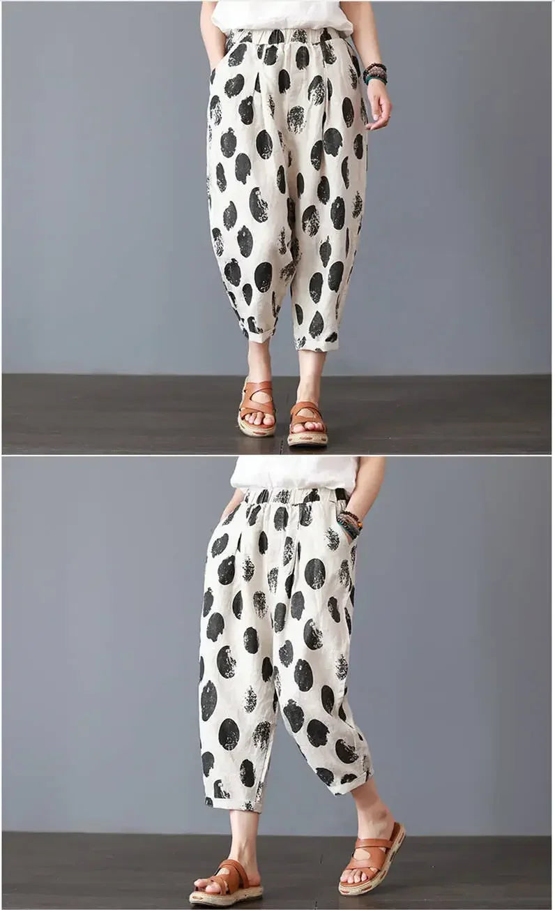 Casual Wide Leg Pants Women Summer Harem Pants for Women Retro Fashion Print Loose Cotton Linen Pants Printed Ankle-Length Pants