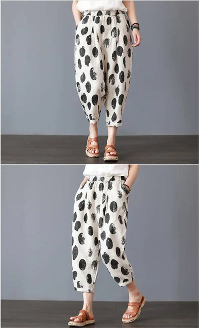 Casual Wide Leg Pants Women Summer Harem Pants for Women Retro Fashion Print Loose Cotton Linen Pants Printed Ankle-Length Pants