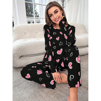 Sleepwear Women's Black Love Print Long Sleeve Trousers Student Loungewear Pajama Set Girl O-Neck Fashion Soft Casual Nightwear