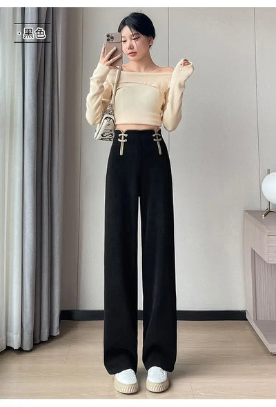 Women's Wide-leg Pants Autumn Winter Trousers New Chinese Style Folding High Waist Drooping Casual