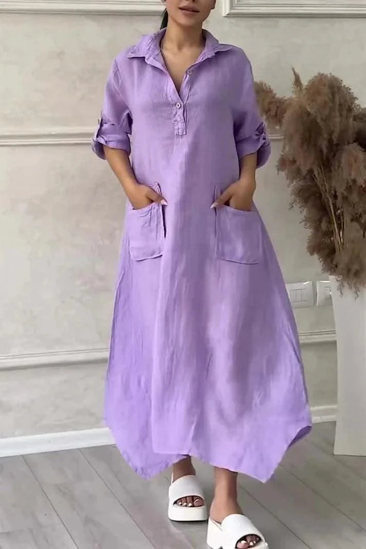 Summer Dress For Women, Retro Casual Loose Large Lapel Mid-sleeve Dress, New Mid-length Dress For Women, Autumn Wear
