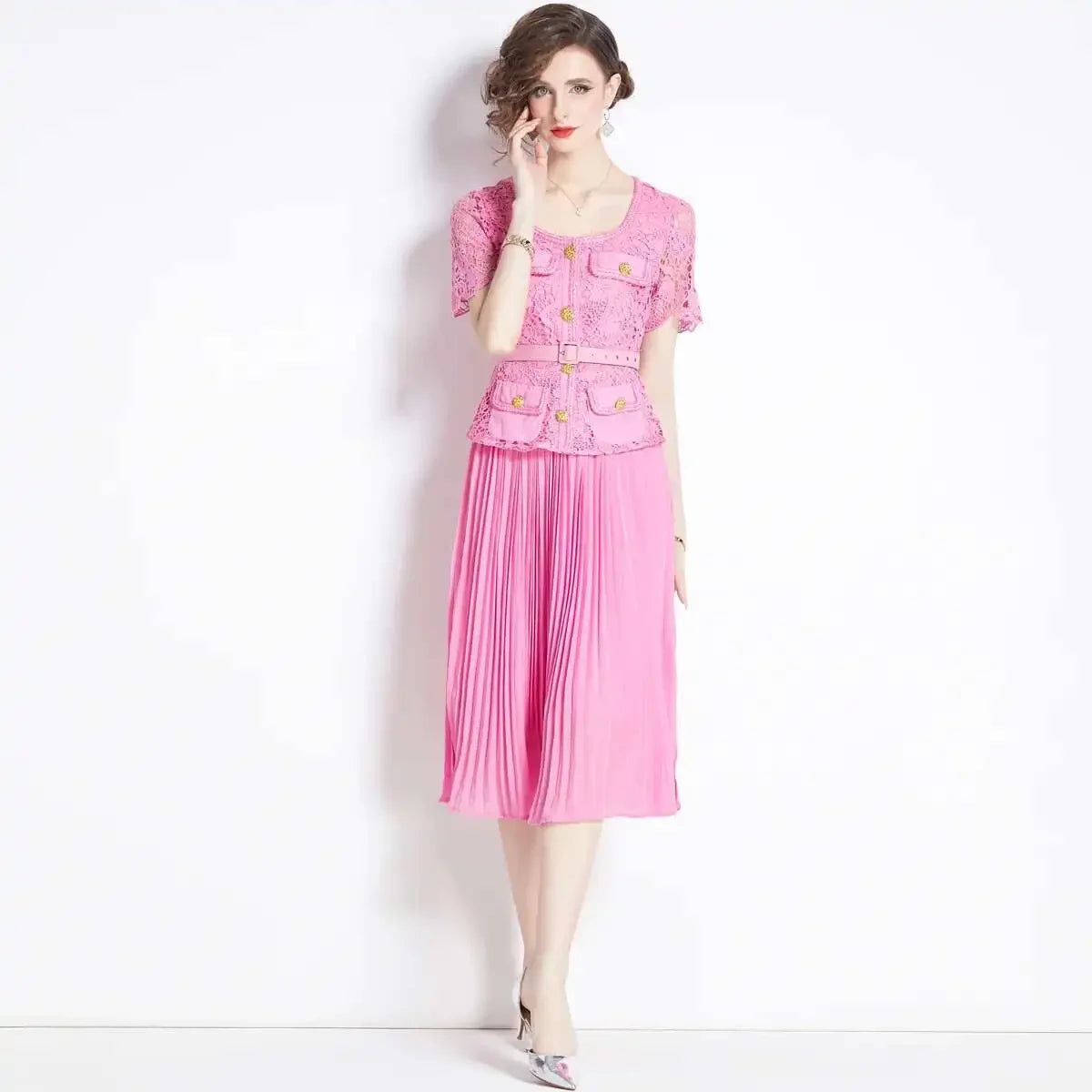 Luxury Evening Dress Women Summer Vacation Short Sleeve Pleated Lace Chiffon Long Dresses White Single Breasted Midi Party Robe