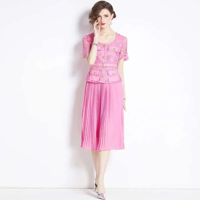 Luxury Evening Dress Women Summer Vacation Short Sleeve Pleated Lace Chiffon Long Dresses White Single Breasted Midi Party Robe