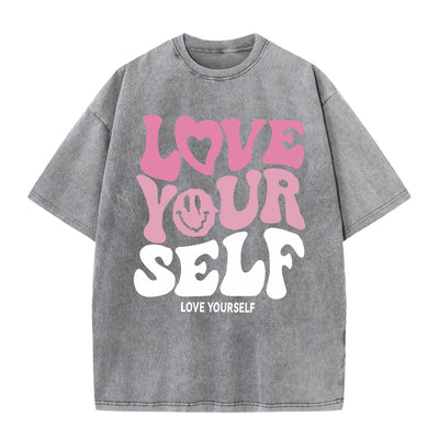 Women'S Cotton Washed T-Shirts Trend Distressed Loose Tees Love Your Self Letter Printing Short Sleeve Summer Female Clothes