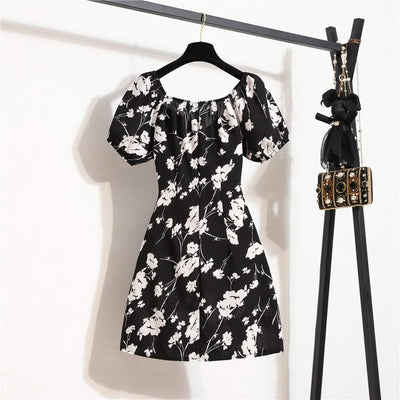 Women Mini Printed Floral Chiffon Shirring Pleated Short Puffy Sleeve Casual Dresses Summer Fashion