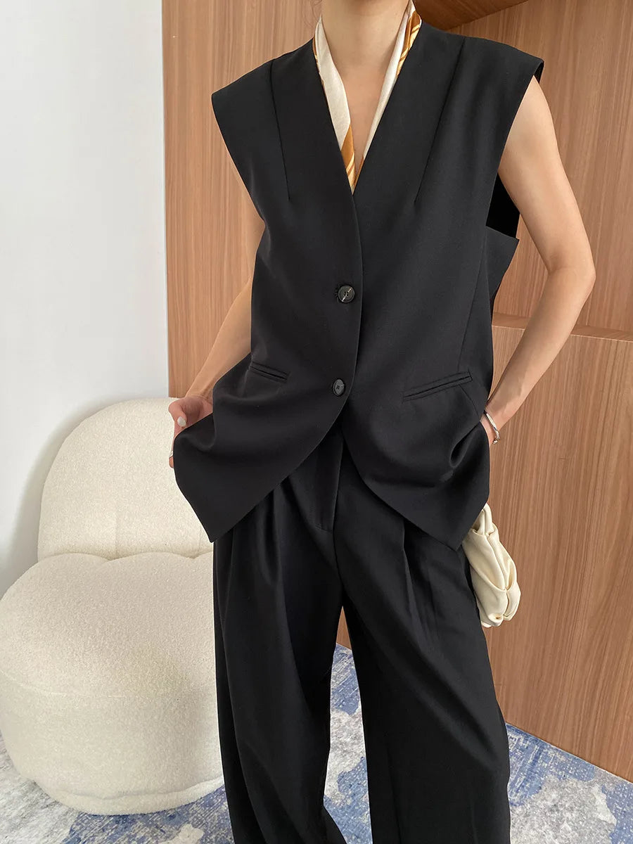 Spring and Autumn Women's Casual Solid Color Loose Jacket+V-neck Vest+Wide Leg Pants Set