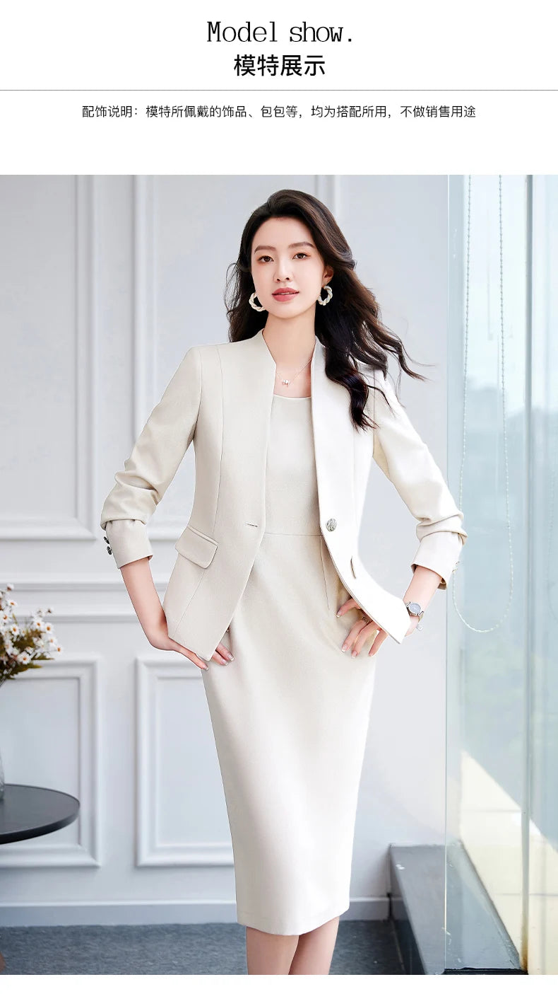 NAVIU 2025 Women Office Dress Set Monochromatic Slim Fit Suit Stand Collar Single Button Fashion New 2 Pcs Brazer and Dresses
