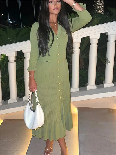 Ruffles Hem Knitted Dress For Women Elegant V Neck Long Sleeve Single Breasted Loose Vestidos Fashion Office Lady Knit Robe