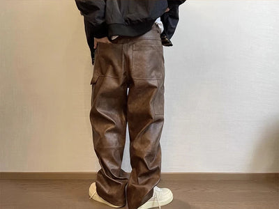 Mauroicardi Autumn Long Retro Cool Baggy Distressed Washed Brown Soft Pu Leather Wide Leg Pants for Men Luxury Designer Clothes