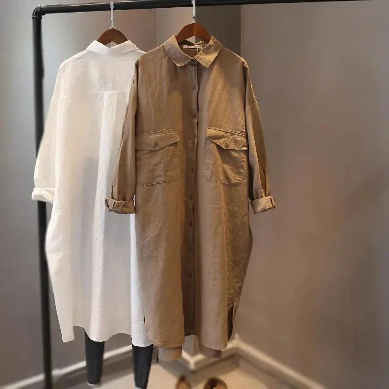 Cotton Linen Women Medium-Length White Polo Shirt Women Large Size Women Clothing Spring Autumn Design Niche Long-Sleeved Shirt