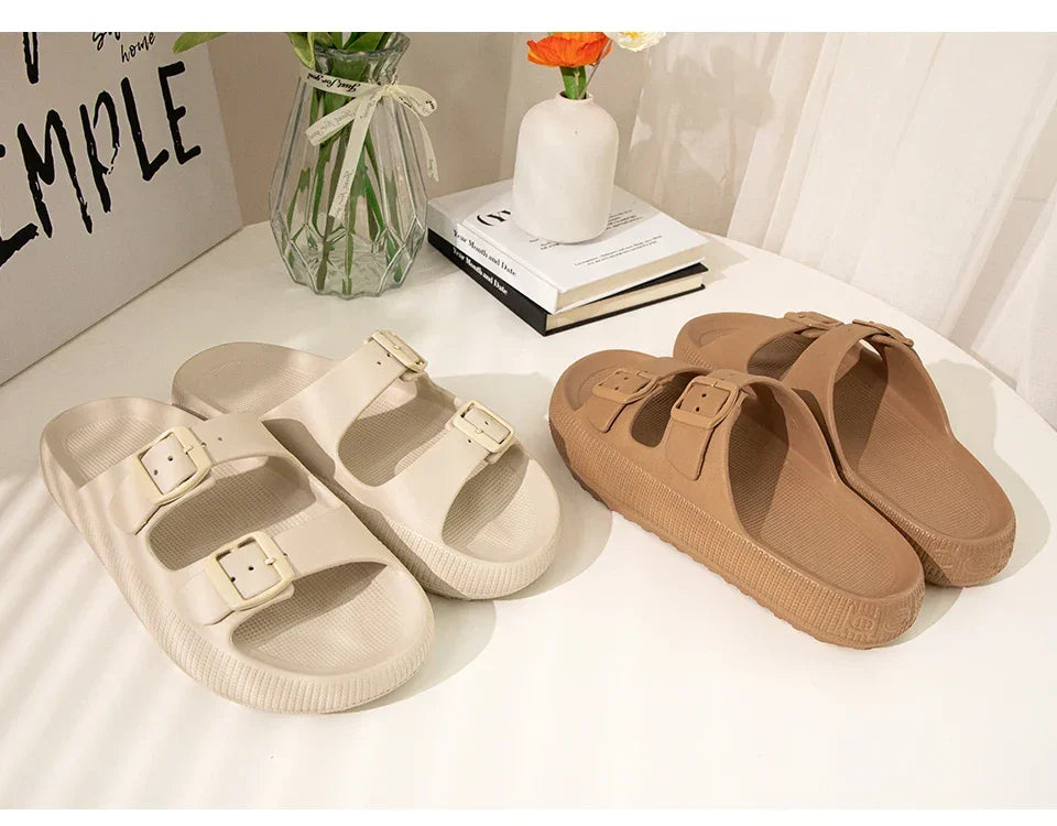 Women's Slippers Fashion Thick Sole Double Buckle Sandals Men Pool Beach Garden Quick Dry Open Toe Indoor Outdoor Shoes